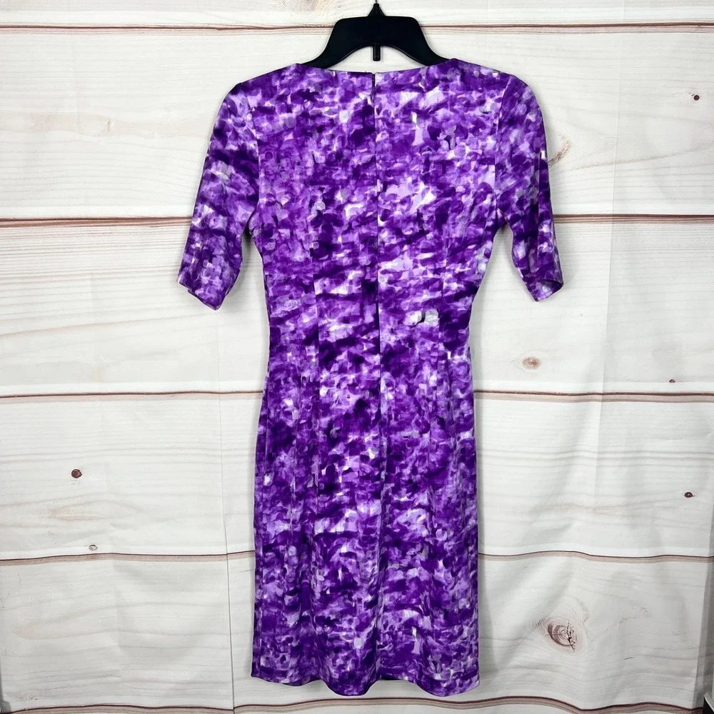 NYDJ Dress‎ Womens 0 Purple Print Shift V-Neck Short Sleeve Tie Waist Lined